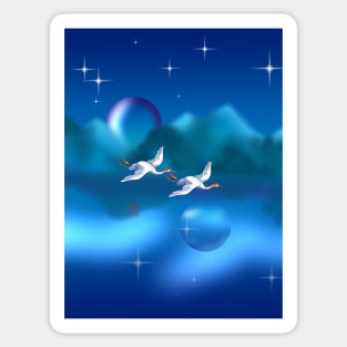 Two cranes flying in a bright blue sky Sticker